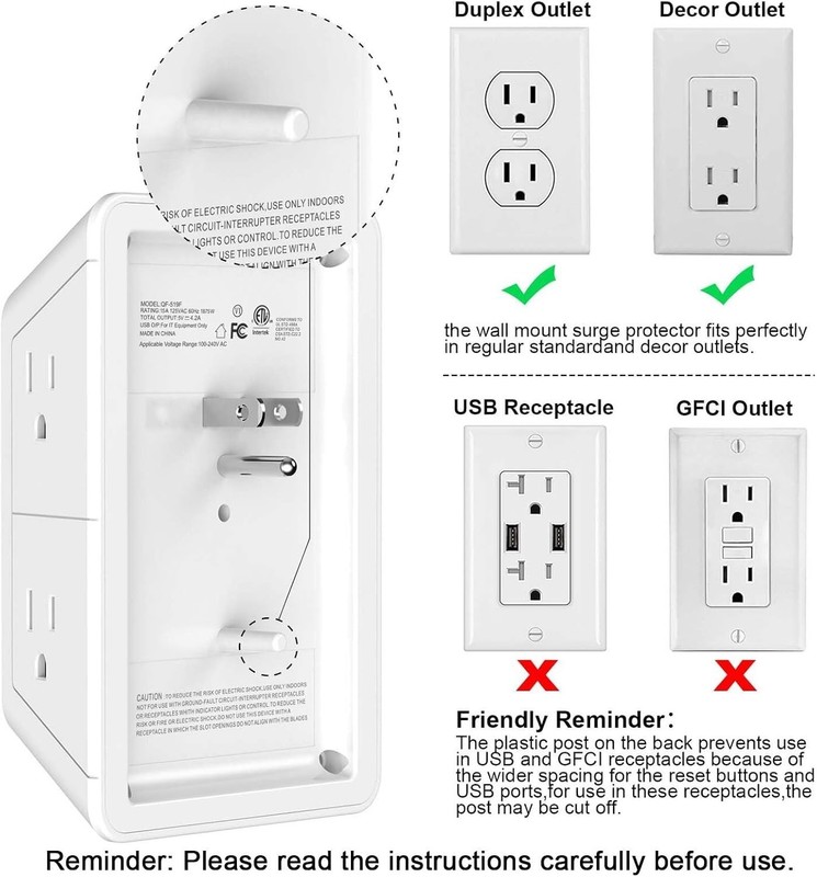 5 Outlet Surge Protector Wall Mountable Charger with 4 USB Ports - 1680J Multi gallery