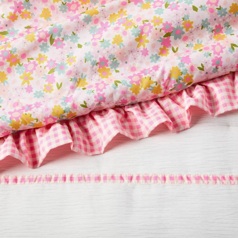 Twin Reversible Crinkle Bow Gingham Floral Kids' Comforter Set White gallery