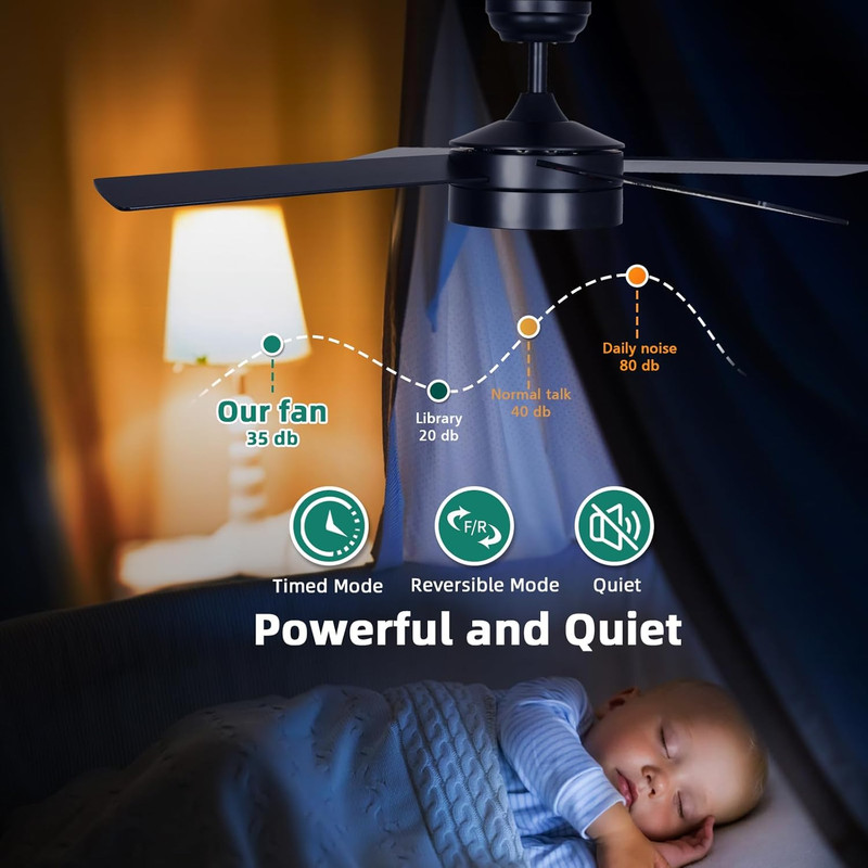 48 Inch Black Ceiling Fan with Lights and Remote,4 Blades, App Control, Modern S gallery
