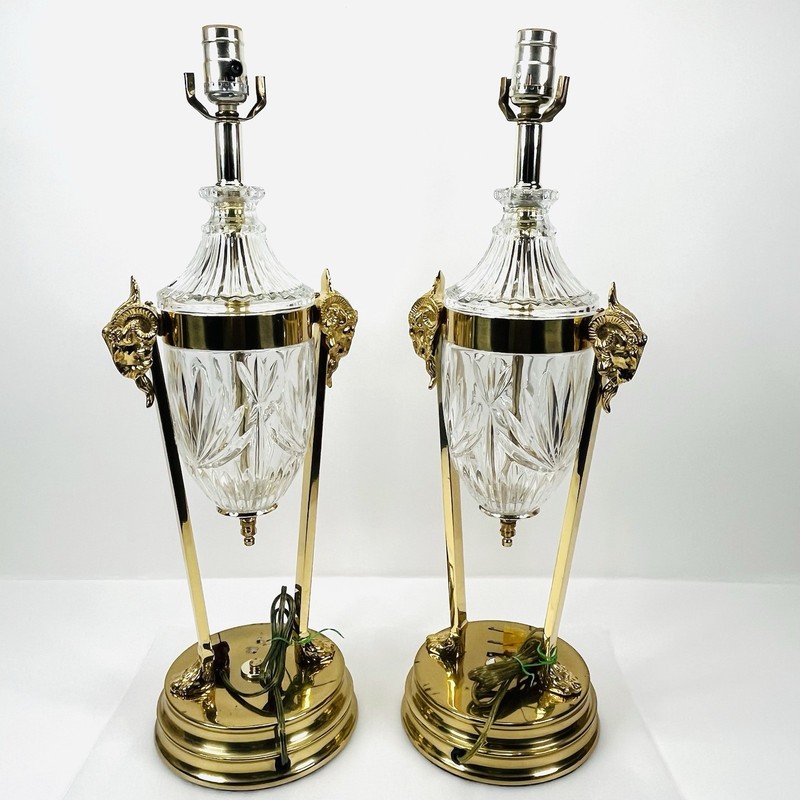 Vintage Regency Rams Head Brass & Crystal Lamps Both Work BEAUTIFUL QUALITY gallery