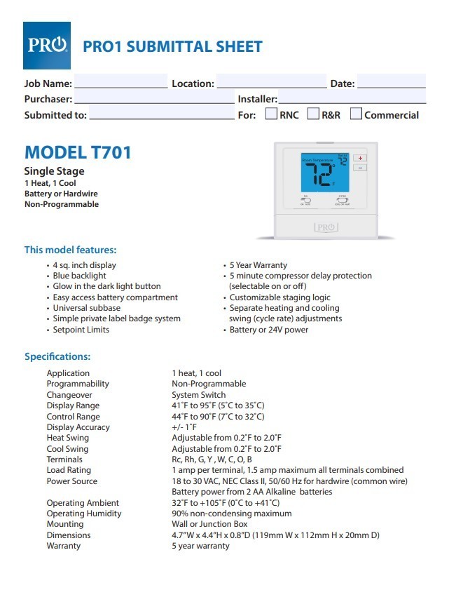 T701 Single Stage Thermostat gallery