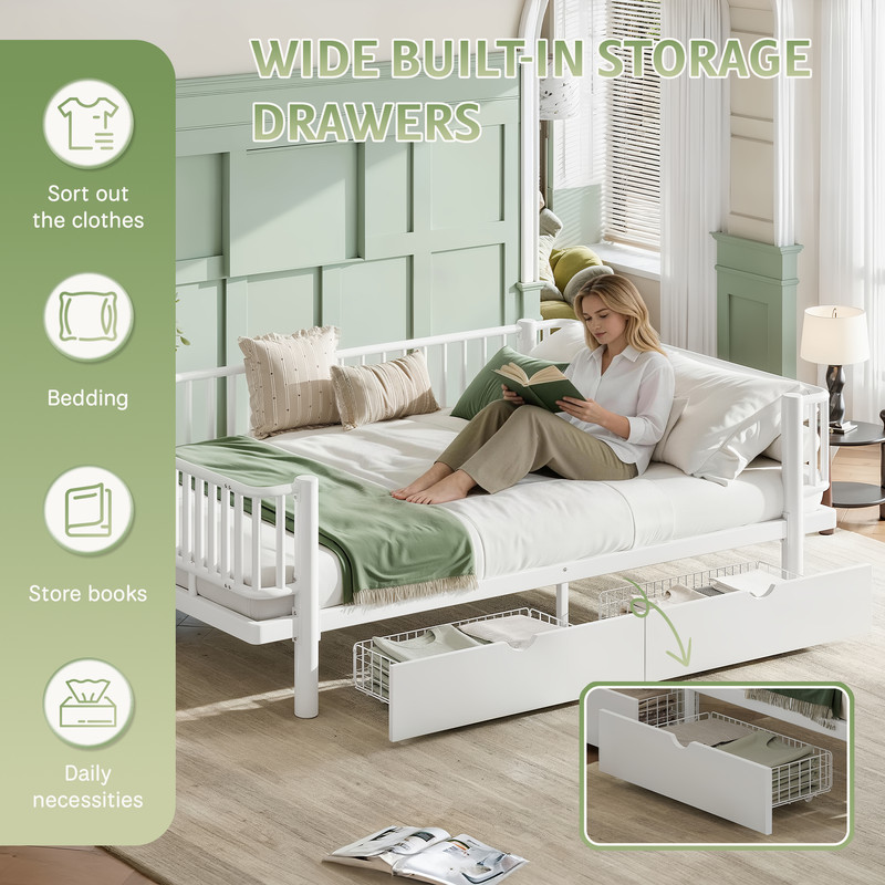 Queen Size Metal MDF Platform Bed Frame Daybed Slatted W/ Storage Drawers White gallery
