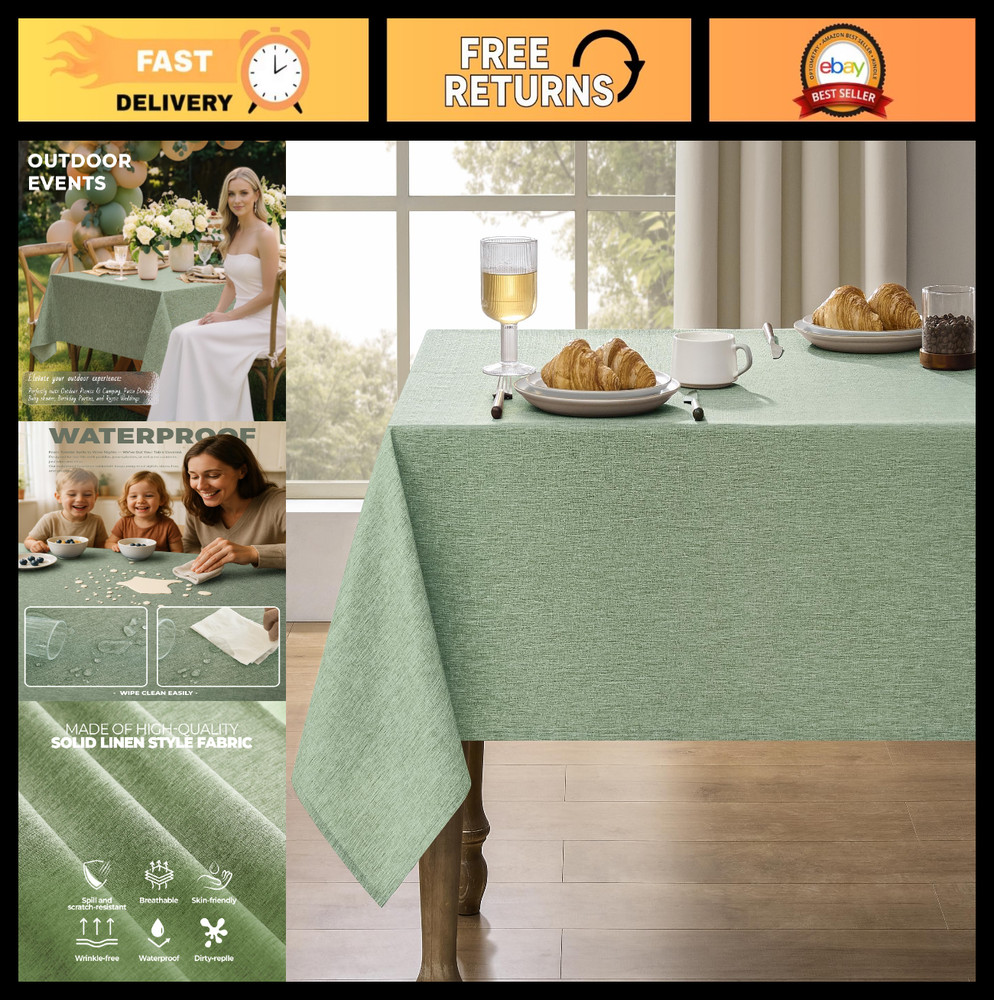 Waterproof Rectangular Tablecloth - Faux Linen, Washable, Farmhouse Style, 52x70