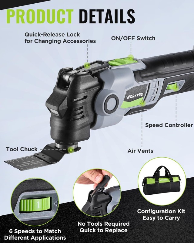 WORKPRO 20V Oscillating Tool Kit Cordless and Brushless 19,000 RPM Orbiting Tool gallery