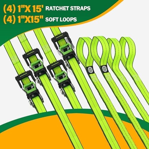 Premium 15ft Motorcycle Tie Down Straps (4PK) - 2,100lb Break Strength, Soft Loo gallery