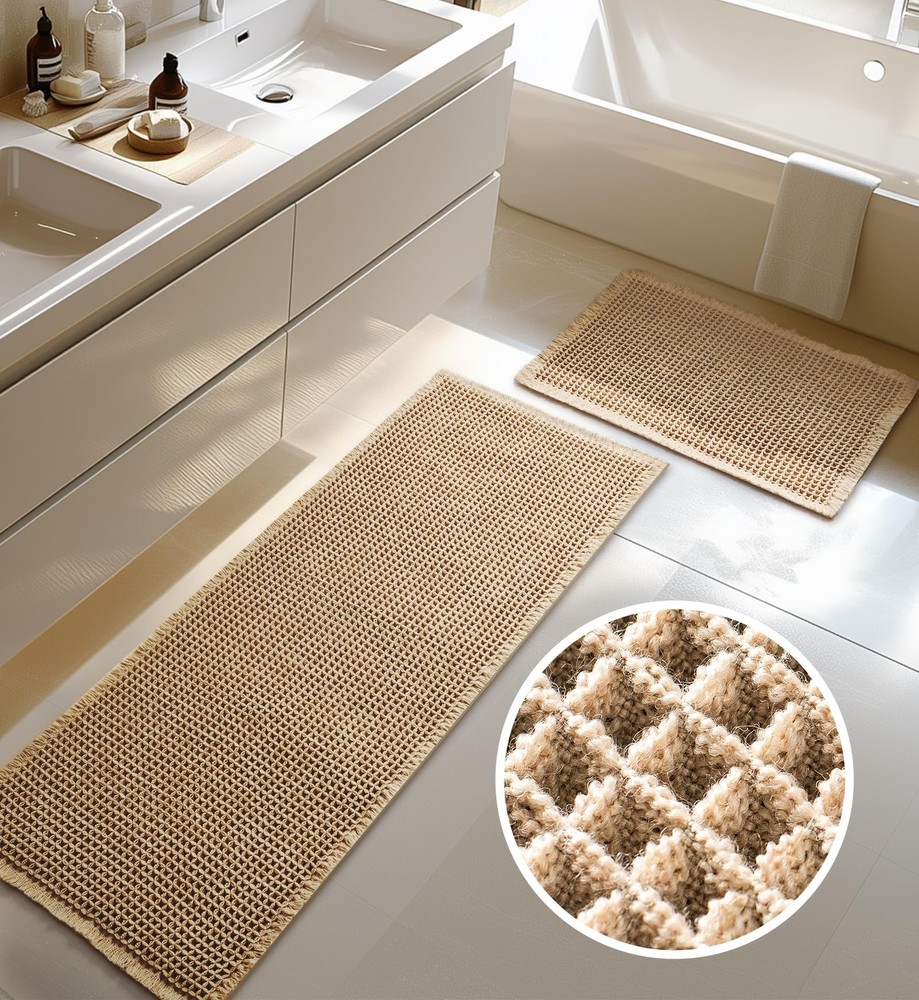 Brown Large Waffle Bath Mat Non Slip Absorbent Washable 20x47 16x24 Inch 2 PCS