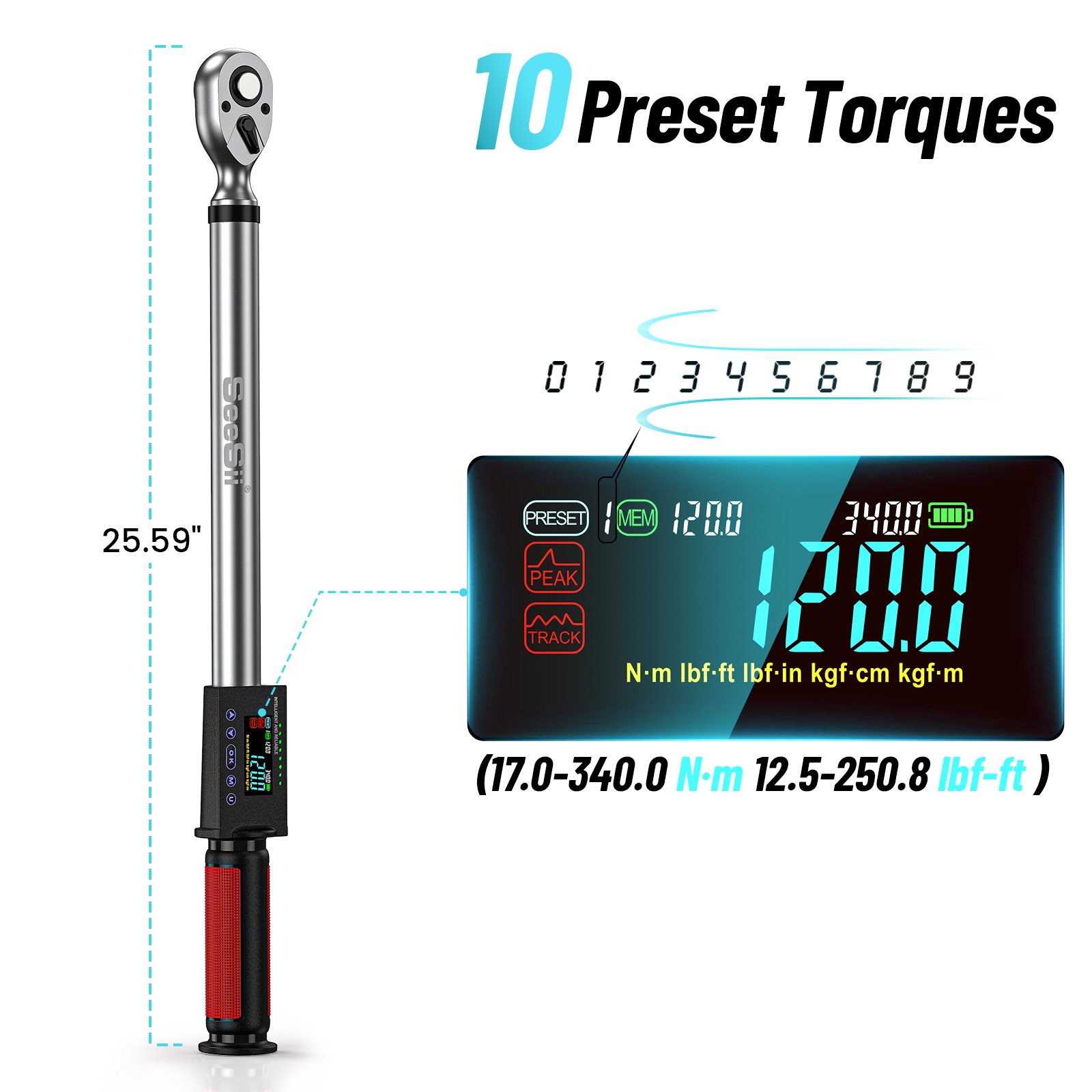 1/2" Drive LED Electric Digital Torque Wrench 12.5-250 Ft.Lb w/ Buzzer 17-340N.m gallery
