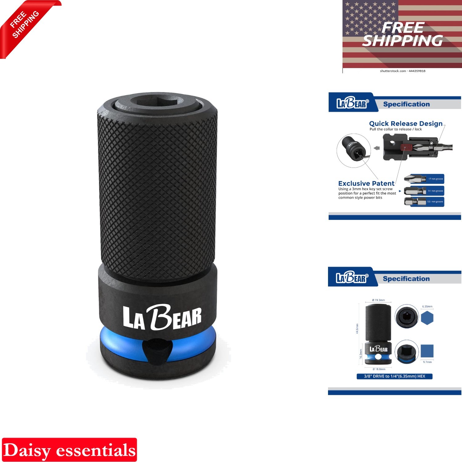 3/8" to 1/4" Hex Impact Adapter with Quick Release & Adjustable Screw, Cr-Mo ... gallery