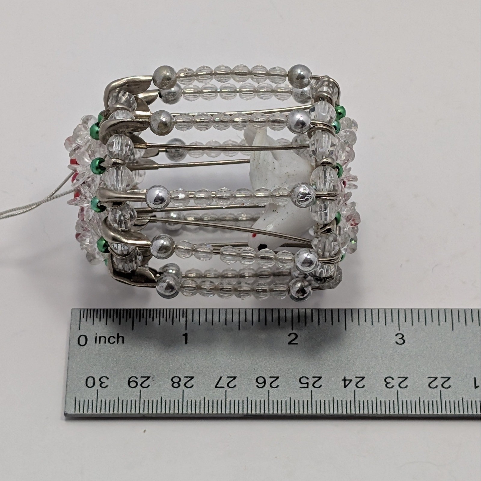 VTG Handmade Beaded Bird Cage Christmas Ornament Clear Crystal Silver Red Green gallery