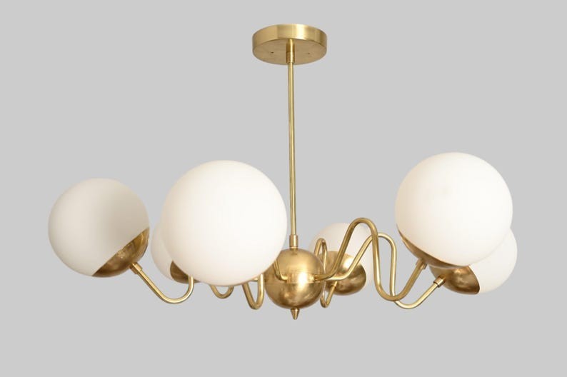 Mid-Century Modern Brass Zig Zag Chandelier 6 Light Opal Globe Ceiling Light gallery