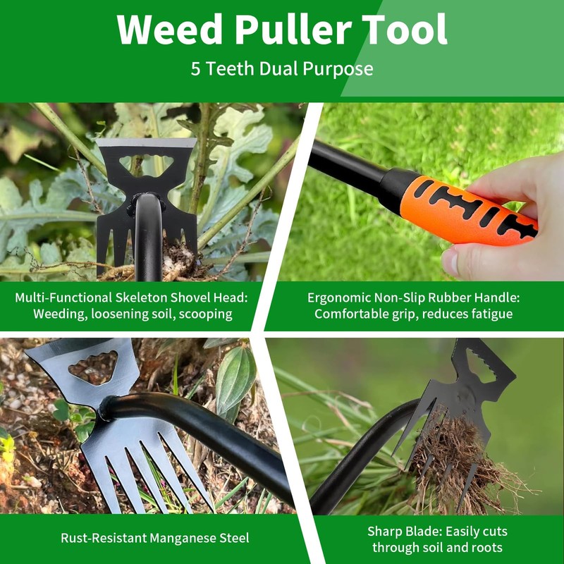 Weed Puller Tool - Uprooting Weeding with Long Handle, 5 Teeth Orange gallery