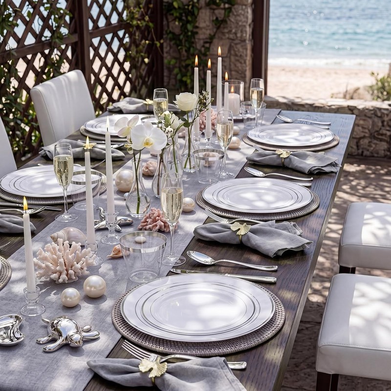 Disposable Plastic Plates White Silver Rim 120PCS Plates Party Tableware gallery