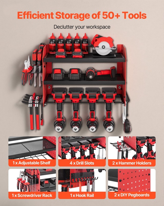 VEVOR Power Tool Organizer Wall Mount 3-Layer Drill Storage Rack 4 Drill Holders gallery