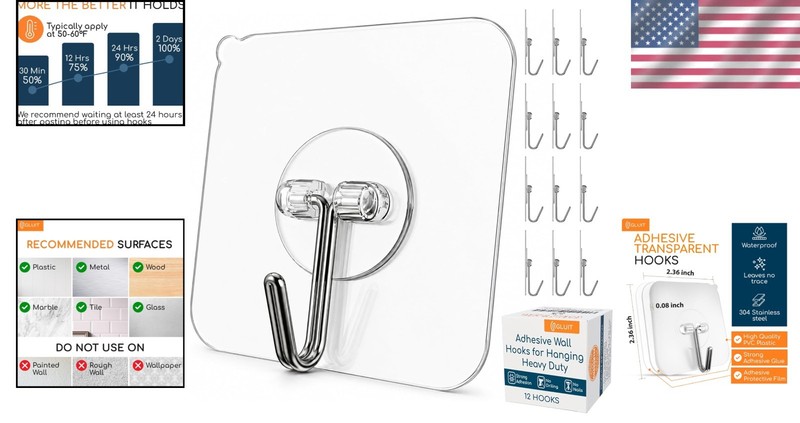 Waterproof Wall Hooks for Smooth Surfaces No Drill 22 Pounds Capacity gallery