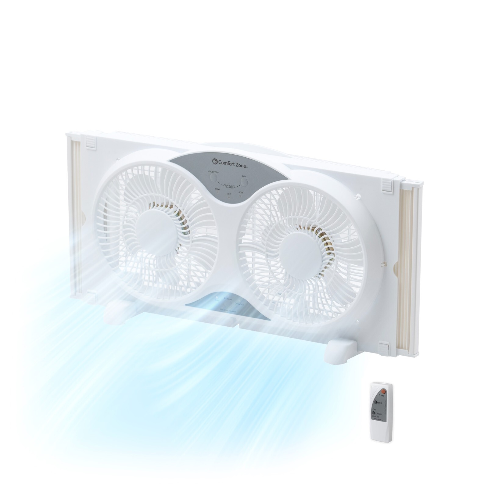 Comfort Zone 9" 3-Speed Reversible Twin Window Fan with Remote Control, White gallery
