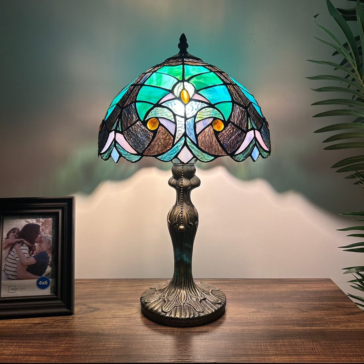 Tiffany Style Table Lamp Green Brown Stained Glass Included LED Bulb 12"W*19”H gallery