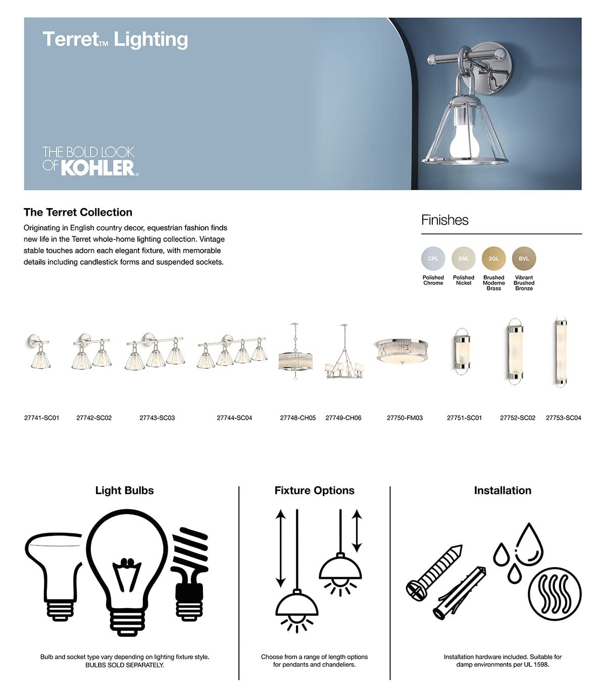 Kohler Terret 3-Light Vanity Bath Light 24-Inch Polished Nickel Damp Rated gallery