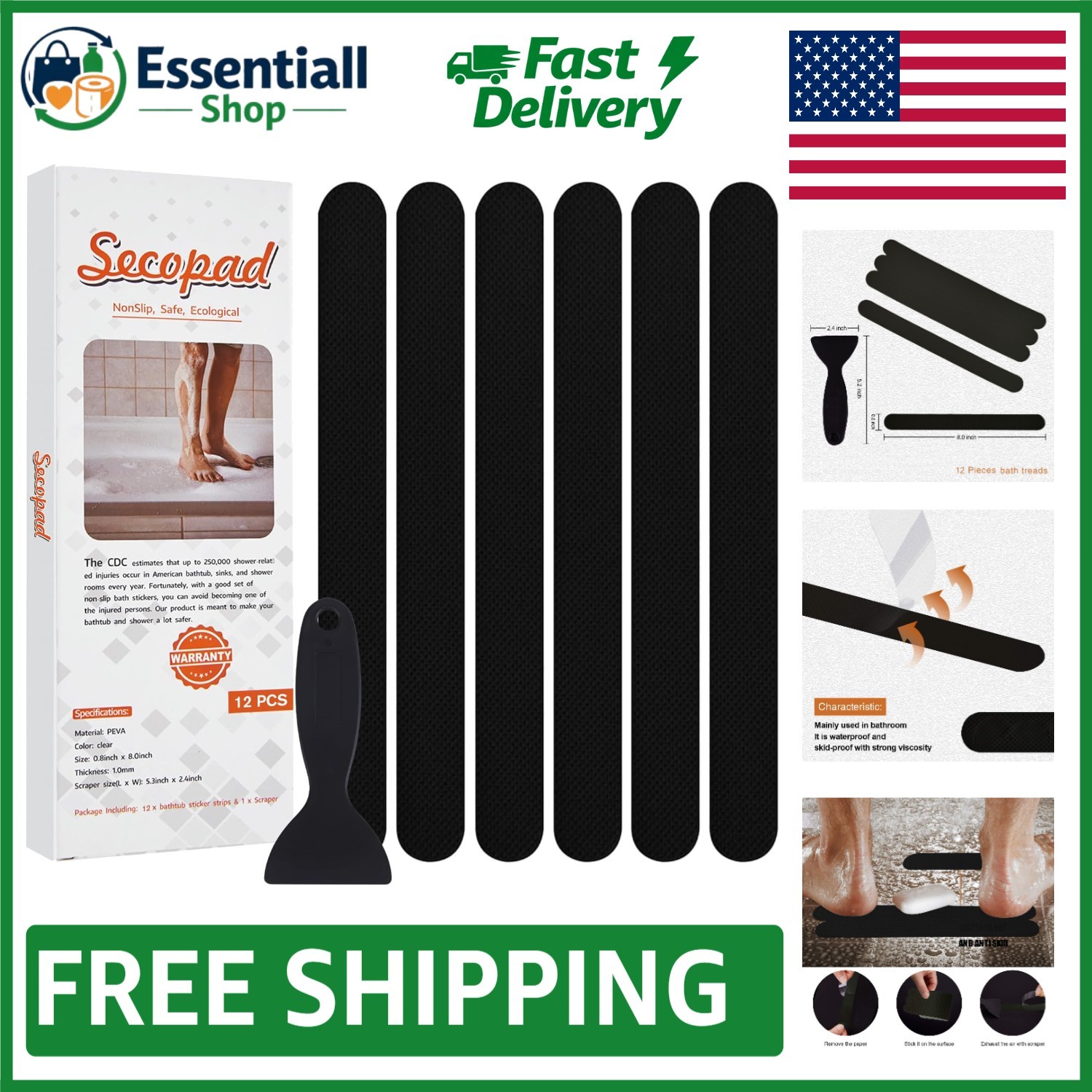 12 Anti-Slip Shower Stickers - Strong Adhesive Safety Strips for Bathtubs gallery