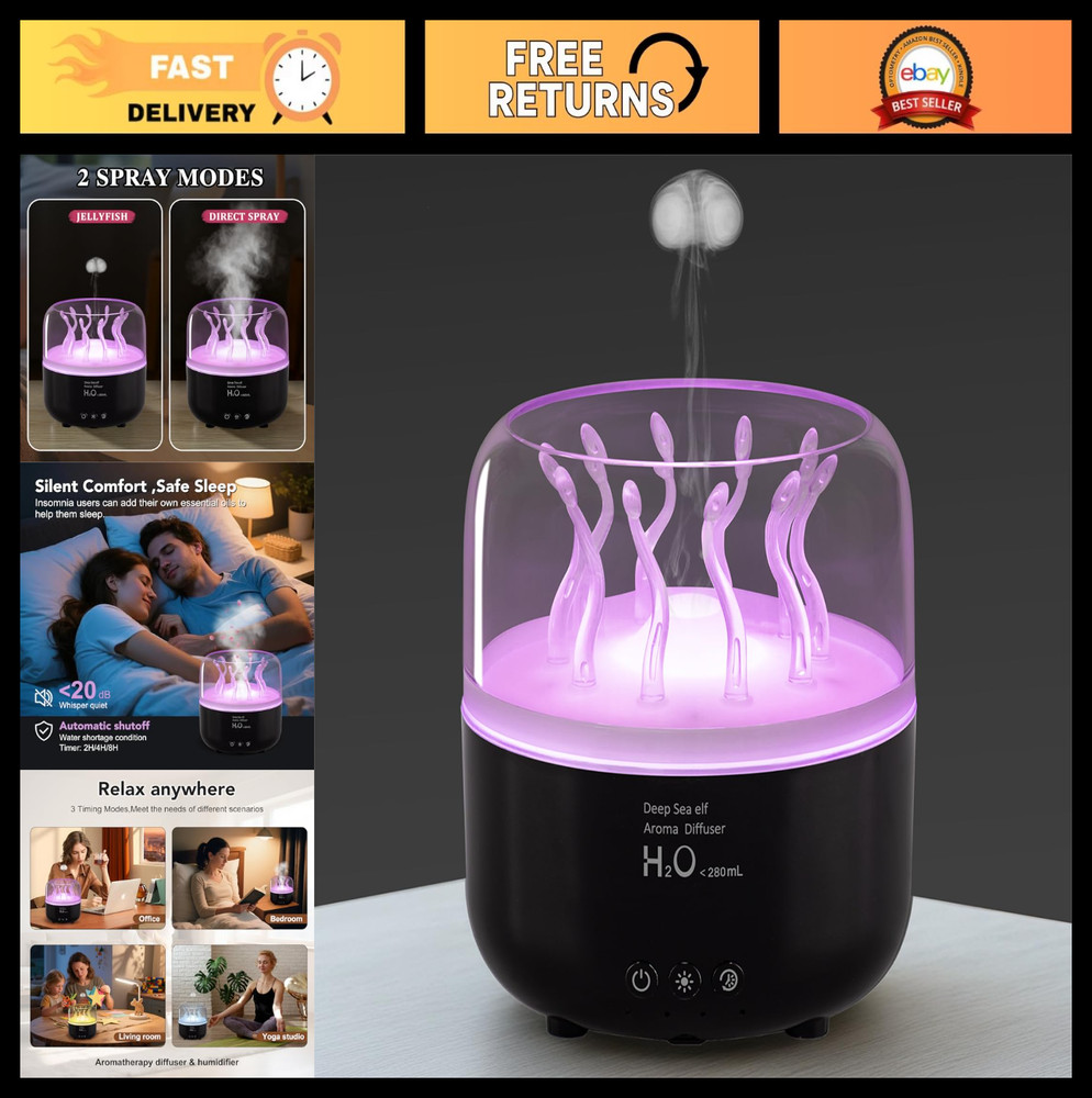 "280ml Jellyfish Humidifier & Essential Oil Diffuser with Remote, 7 Color Lights