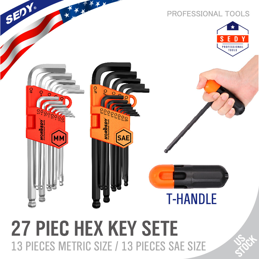 27 pc Allen Wrench Hex Key Set Tool Alan Hex Metric SAE Ball End Short Long Arm gallery
