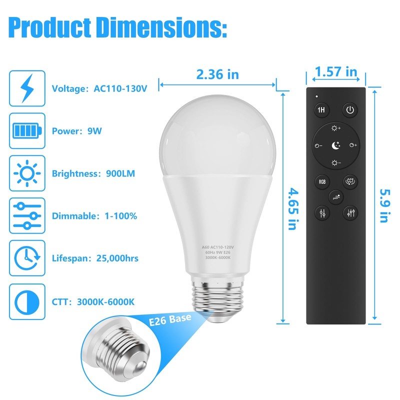 A19 LED Light Bulbs with Remote Control, 800LM 9W (60W Equivalent) Bulbs,Step... gallery