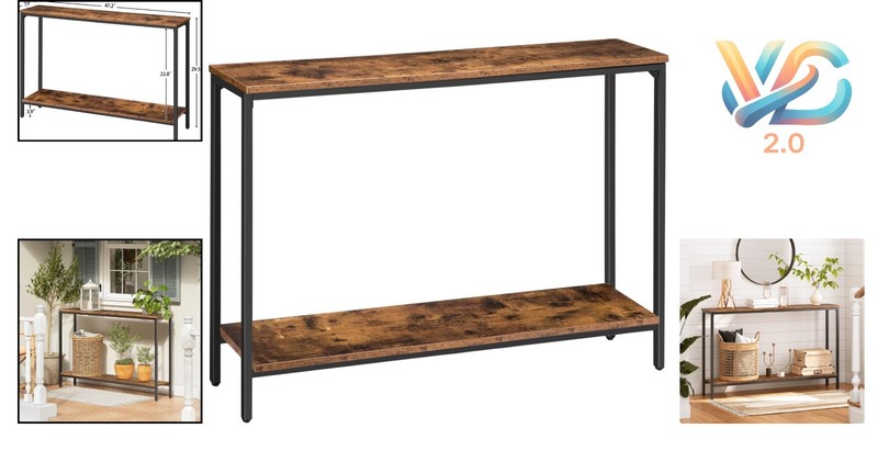 Narrow Console Table 47.2" Rustic Brown Black Metal Frame Entryway Sofa gallery