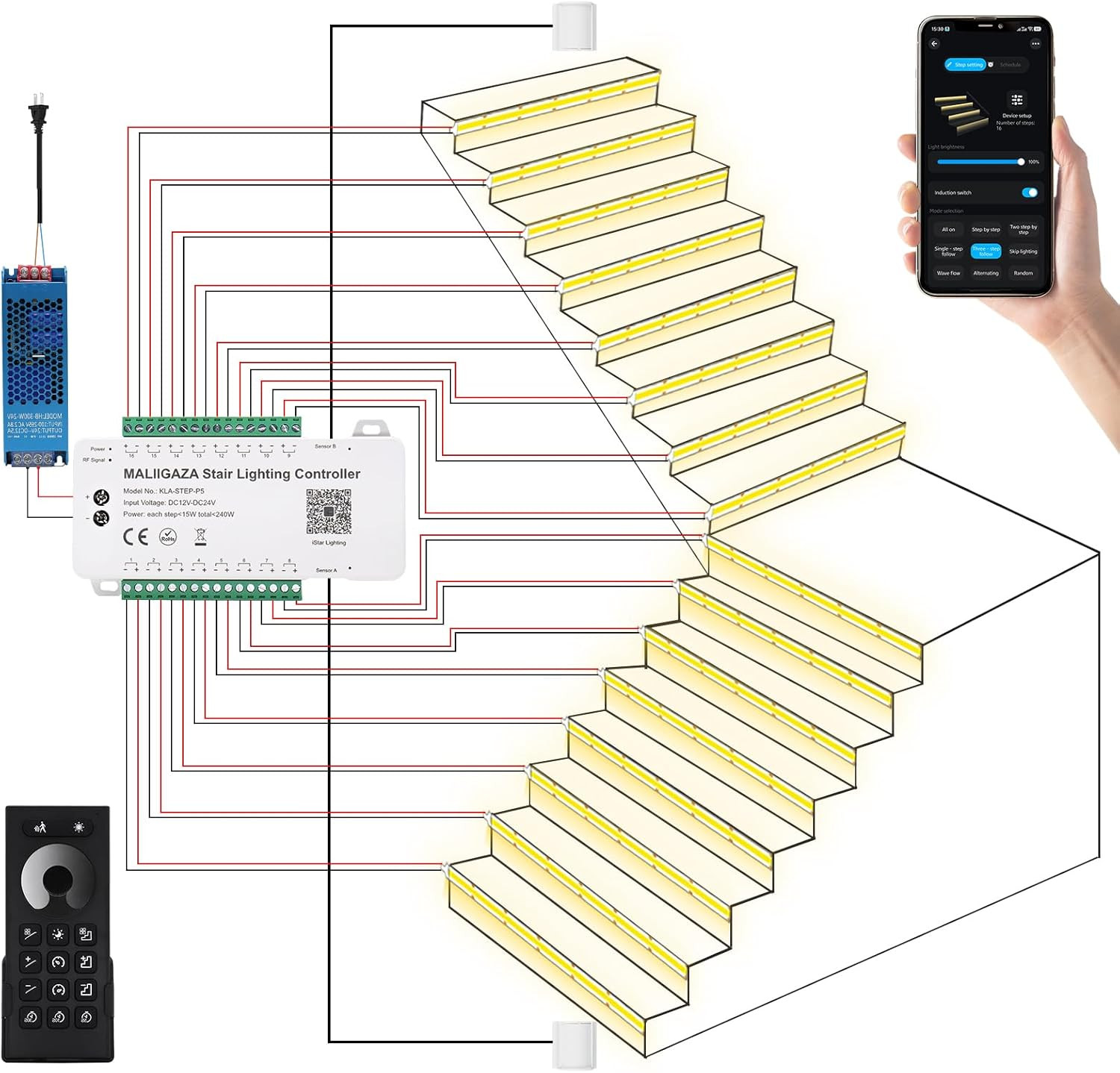 Smart Motion Sensor LED Stair Lights Kit with APP & Remote Control, 3000K gallery