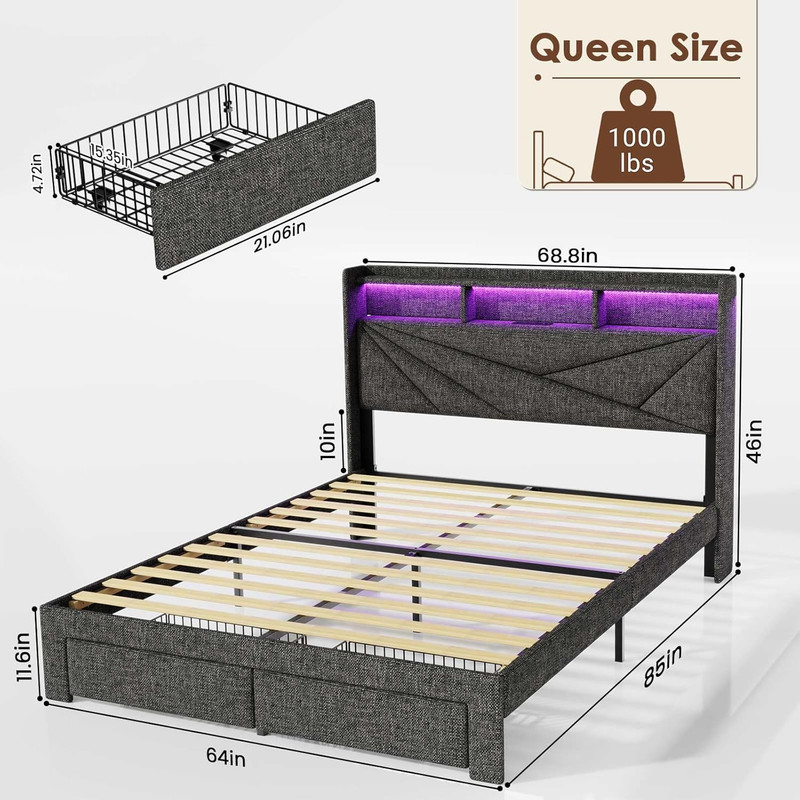 LED Queen Bed Frame with Storage Drawers, Upholstered & Easy Assembly - Grey gallery
