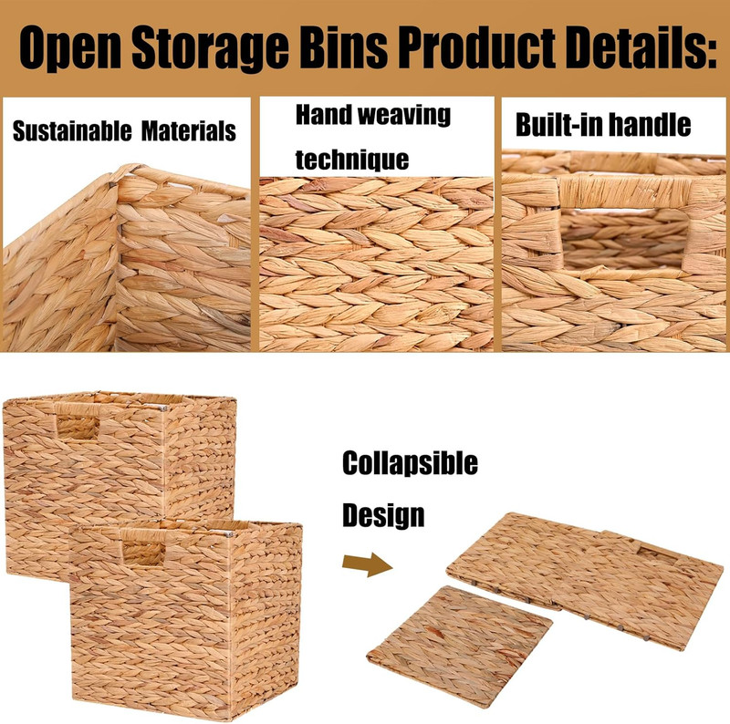 Wicker Storage Basket Foldable Hyacinth Storage Box Set of 2, 12X12X12 Inch - Ha gallery