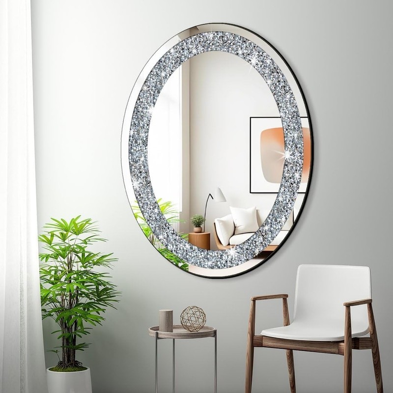 Crystal Oval Crushed Diamond Wall Mirror Frameless Sparkly Glam Home Decor gallery