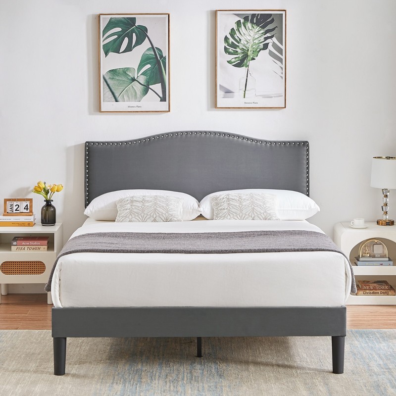 Bed Frame w/ Adjustable Fabric Headboard Twin/Full/Queen Size Wood Slat Support gallery
