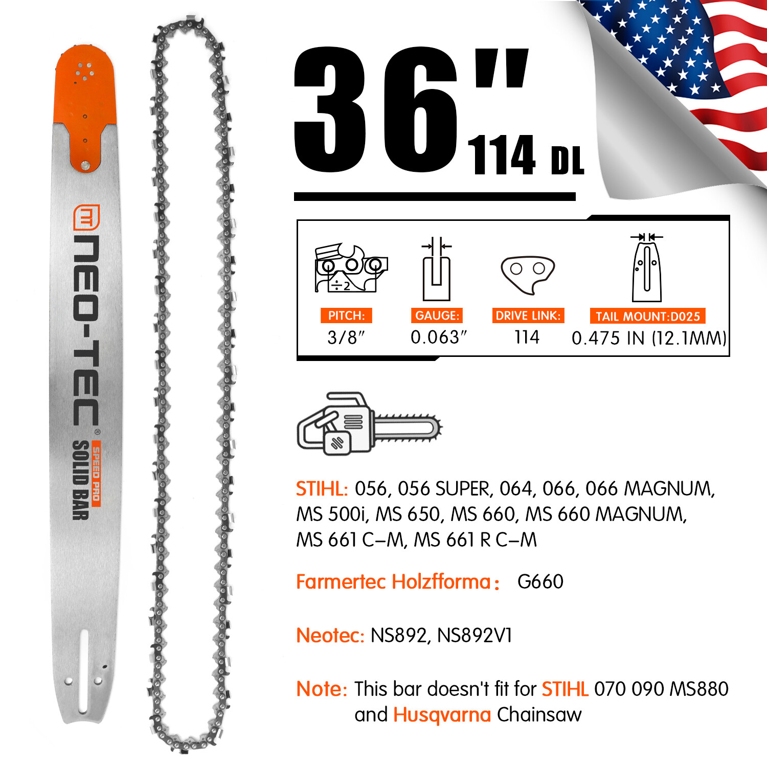 36'' Chainsaw Guide Bar 3/8" 0.063" 114DL SawChain For Farmertec Holzfforma G660 gallery