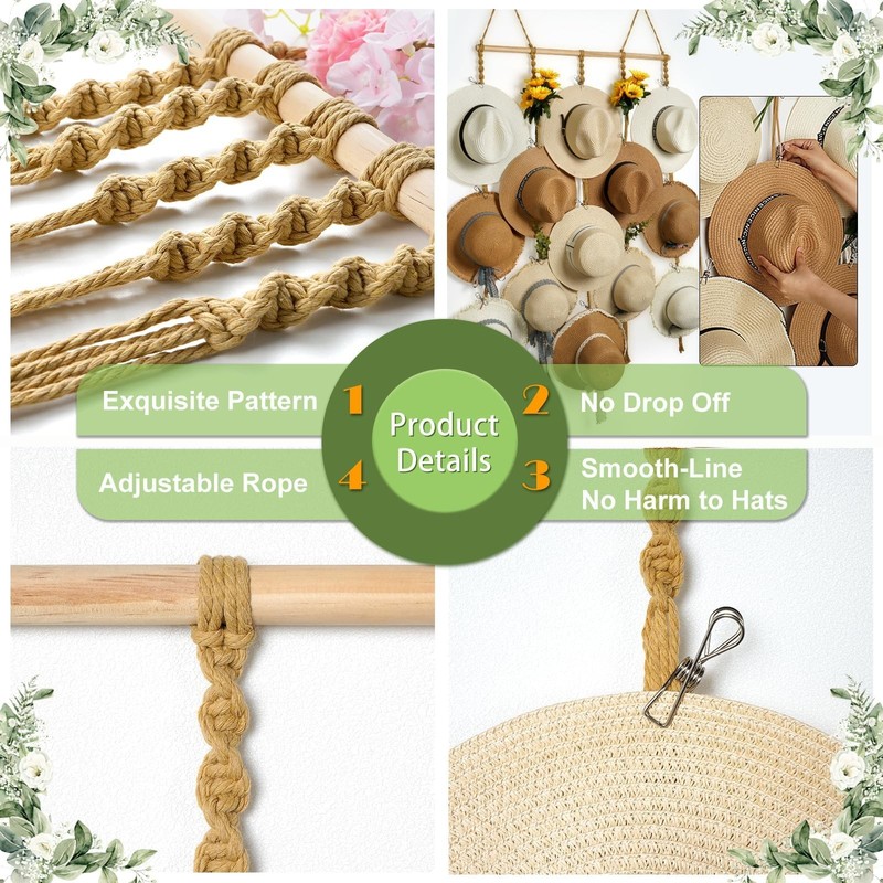 Macrame Hat Organizer Rack for Wall 15 Clips 31x66in Large Fedora Hat Hangers... gallery