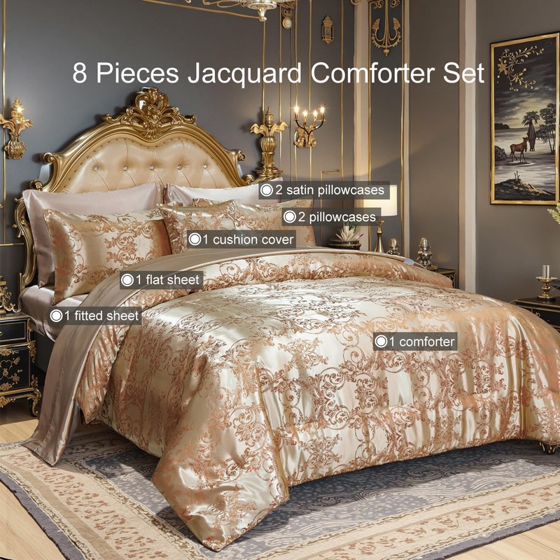 Queen Size 8-Piece Jacquard Comforter Set with Satin Sheets Set – Elegant Coordi gallery