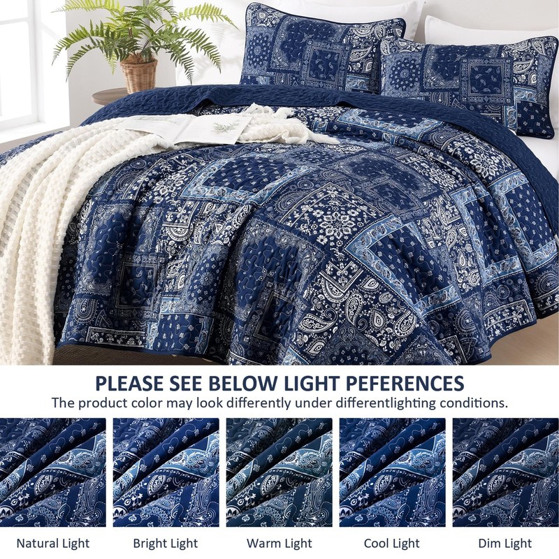 Blue Patchwork Quilt Set Queen Size,Boho Navy Blue Quilt Set,Paisley Farmhouse B gallery