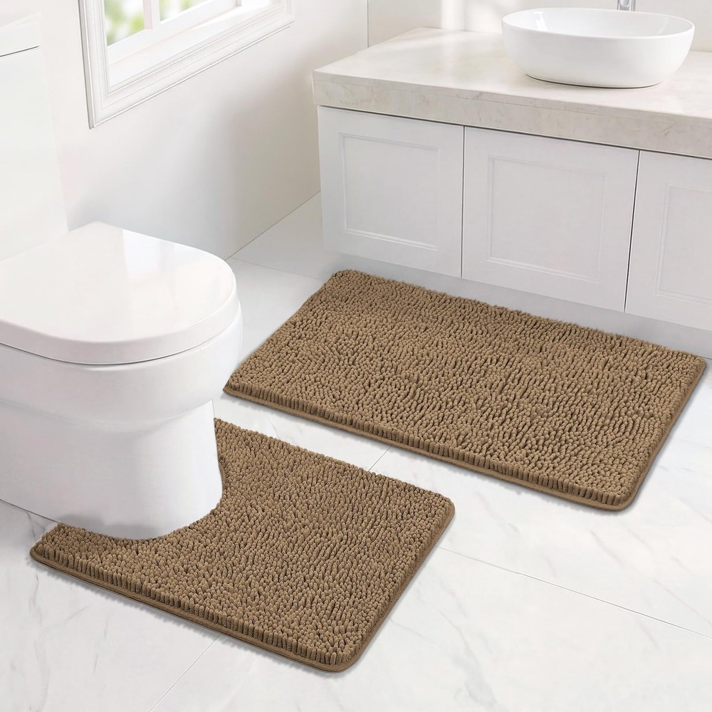 Bcoimo Bathroom Rug Set, Chenille Rugs, U24×20 Plus 30×20, Tan