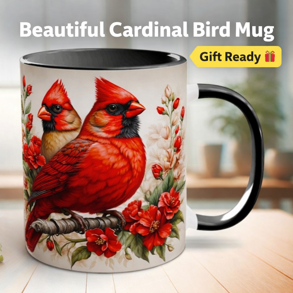 Red Cardinal Bird Coffee Mug – Floral Nature Mug, Cardinal Lover Gift