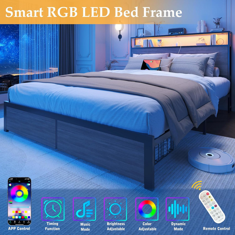 Queen Bed Frame LED Storage Headboard Drawers Charging Metal Rustic Grey gallery