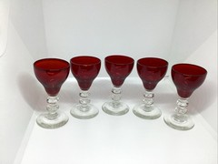 Ruby Red Cordial/Liqueur Glasses Small 3” Cups, Clear Bubble Stems – Set 5 Vtg