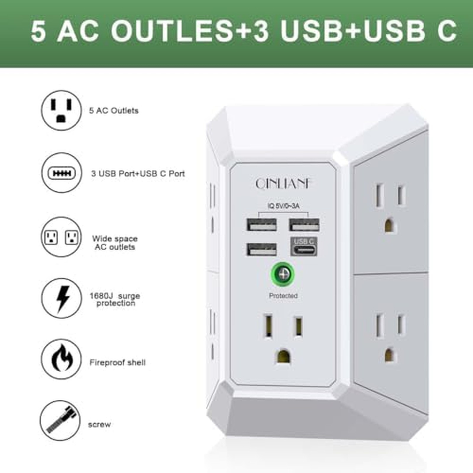 QINLIANF 5-Outlet Surge Protector Power Strip 4 USB 1680J 3-Sided Wall Charger gallery