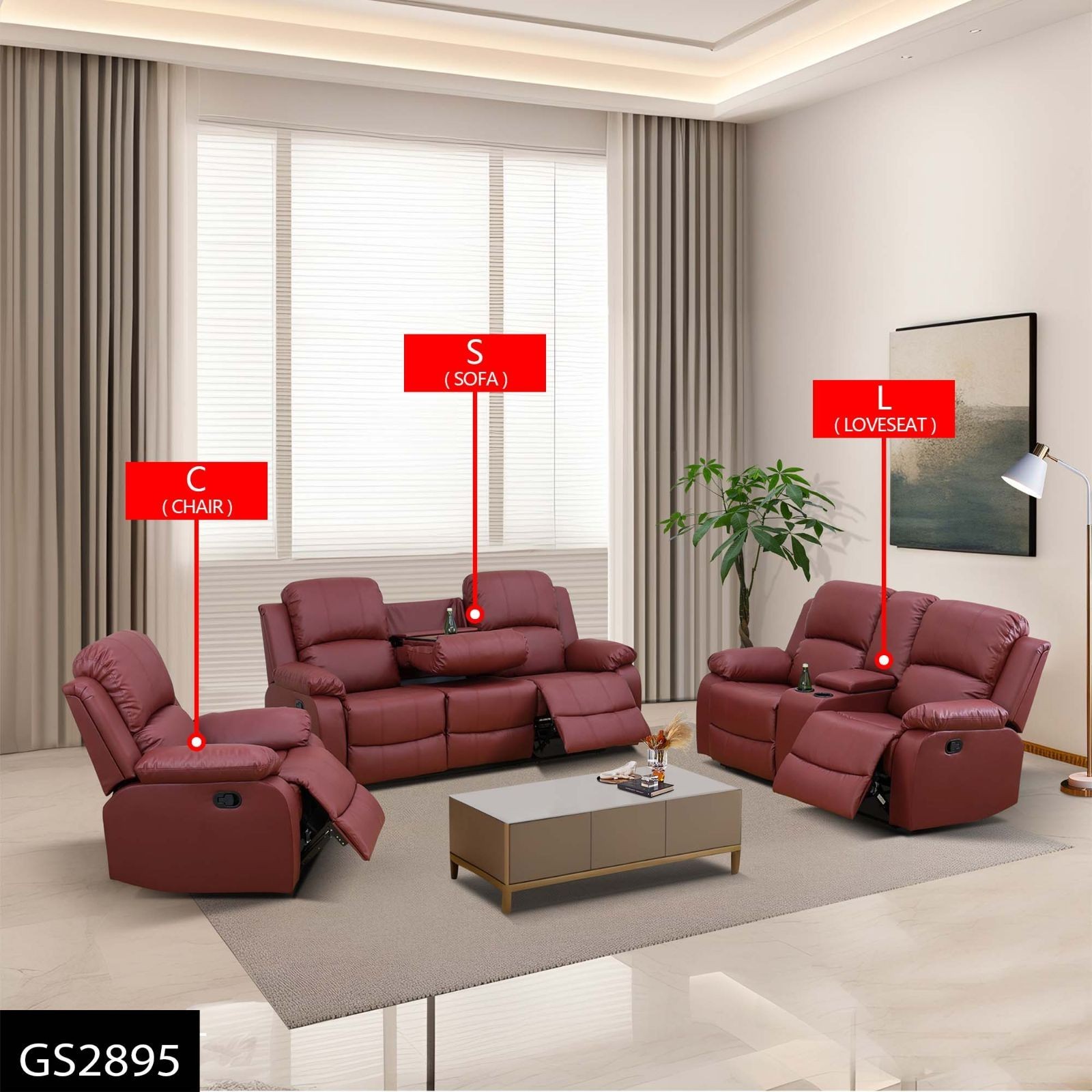 Red Semi PU PVC 3PC Reclining Sofa Set Loveseat Chair Console Cup Holders gallery