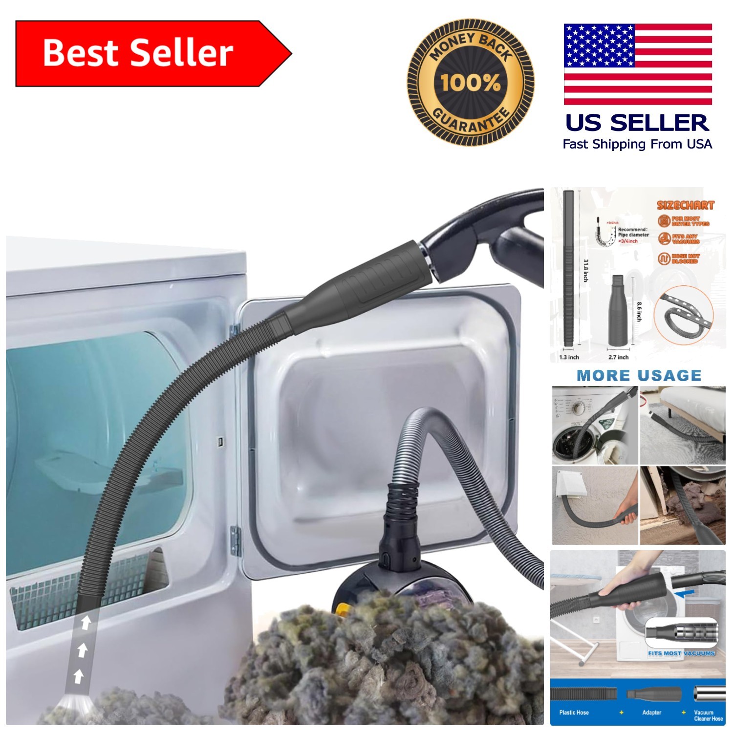 Versatile 3-Suction Dryer Vent Cleaner Kit - Flexible Hose for Easy Lint Removal gallery
