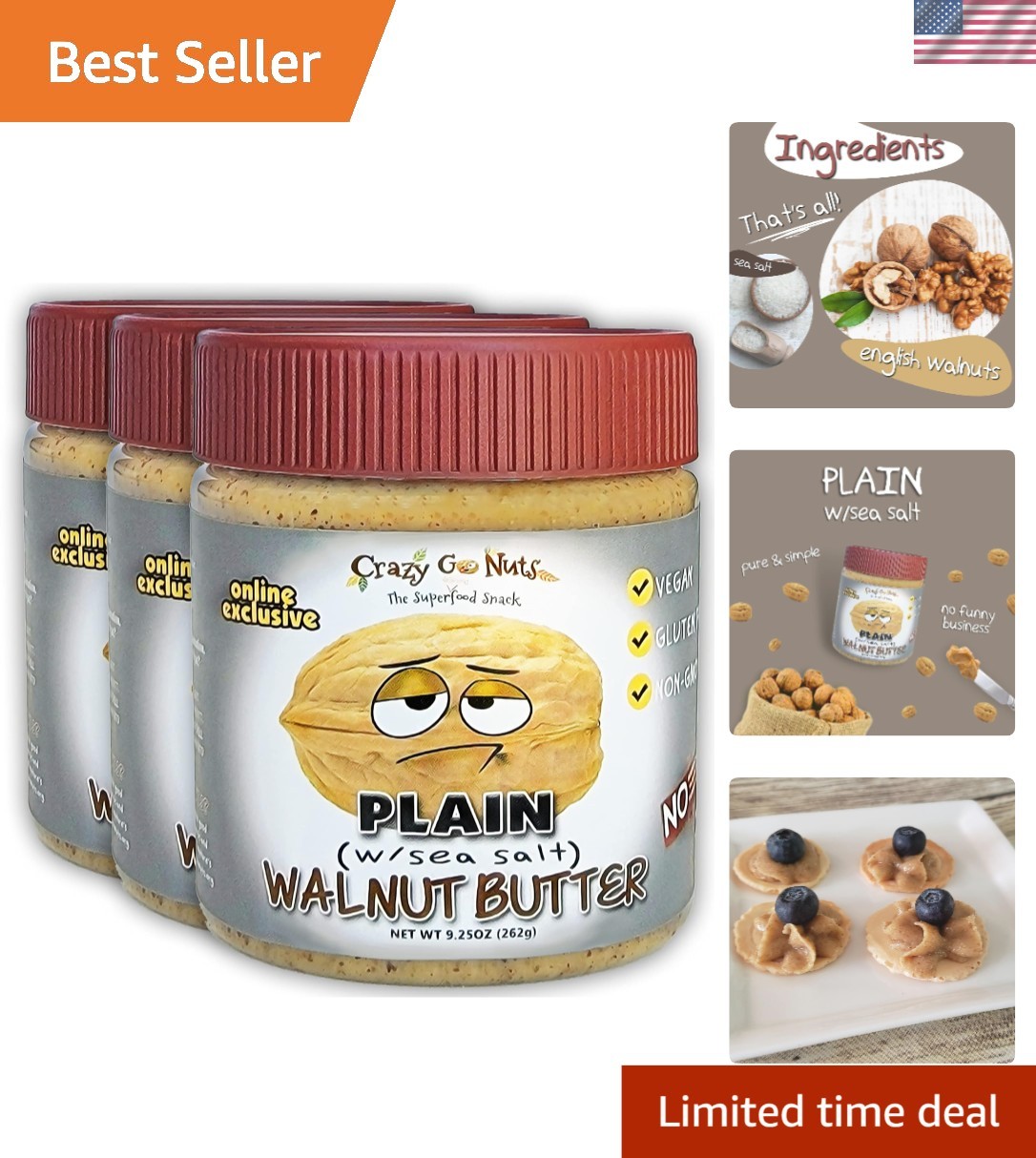 All-Natural Walnut Butter with Sea Salt - Low Carb, Superfood, 3-Pack gallery