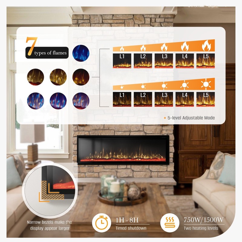 60" Thin Electric Fireplace Wall Mounted Recessed Fireplace Heater Log & Crystal gallery
