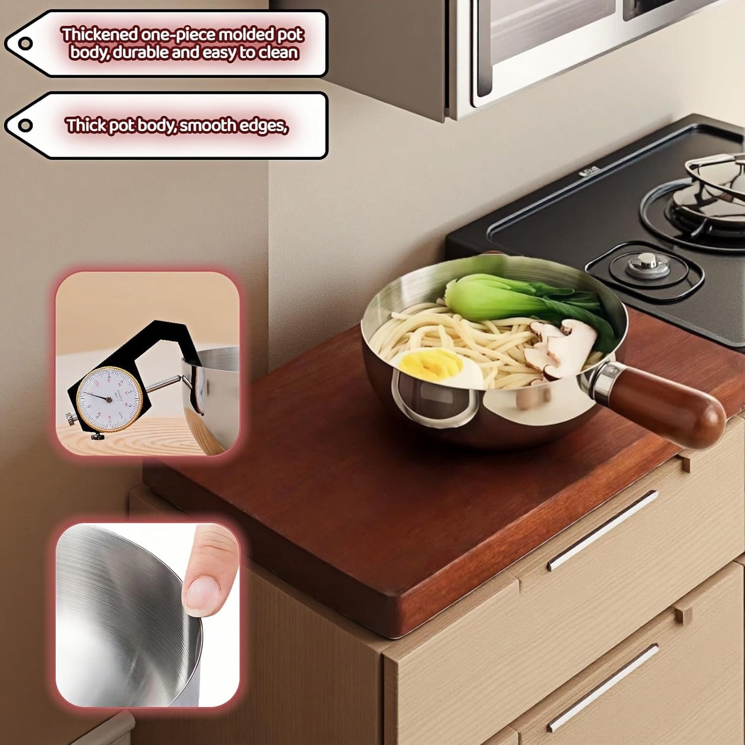 800ml/27oz 316 Stainless Steel Induction Compatible Pan, Wood Handle Saucepan gallery