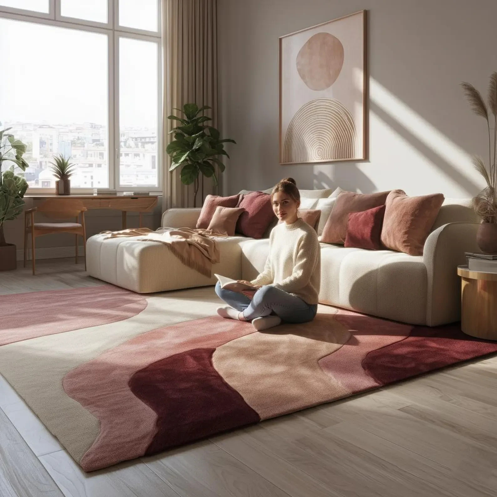 Abstract Wavy Area Rug: Burgundy, Blush, and Cream Statement Decor 9x12 Rug 8x12 gallery