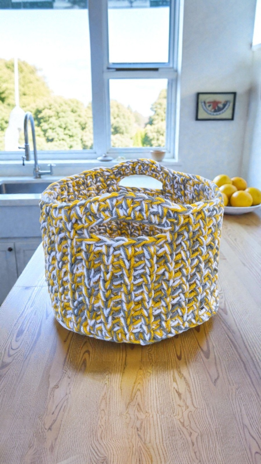 Handmade Crochet Basket Yellow, Gray, and White Multi-Use Storage With Handles gallery