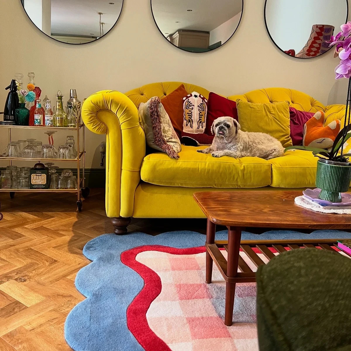 Pink Checkered Scalloped Rug Wavy Edge Modern Area Rug Aesthetic Floor Carpet gallery