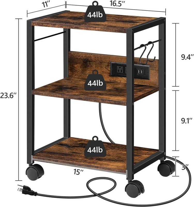 Rustic 3-Tier Mobile Printer Cart with Power Outlets & USB Ports - Easy Assembly gallery