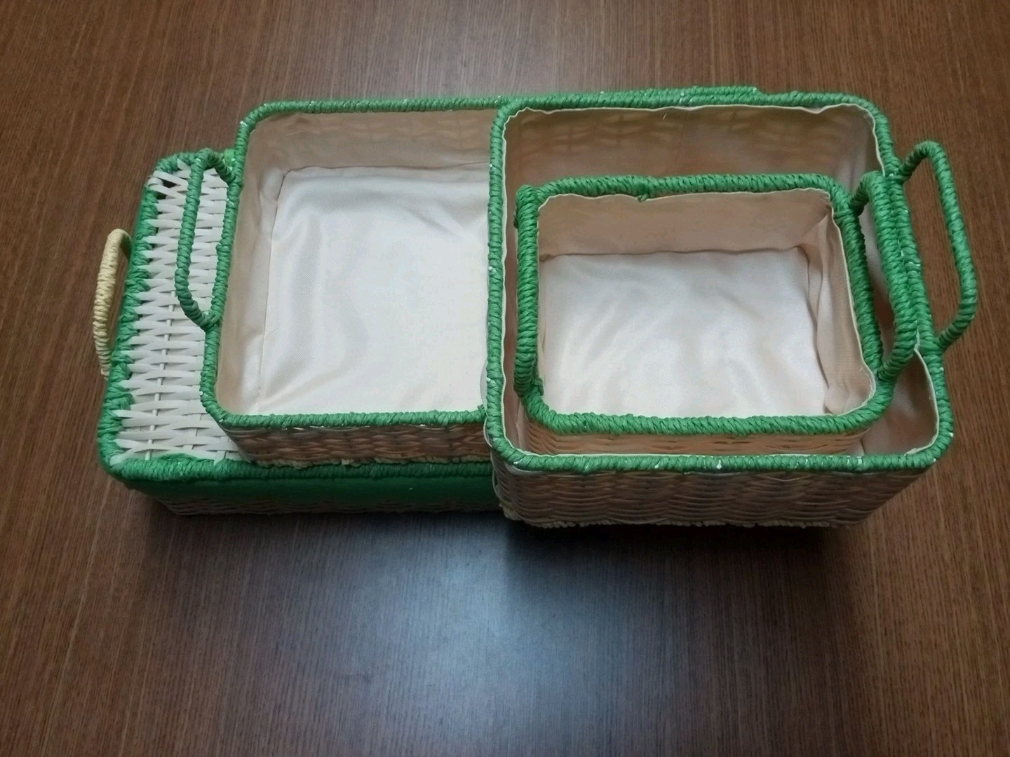 3-Piece Rectangular Scalloped Hyacinth Wicker Storage Basket Set, Green Trim gallery